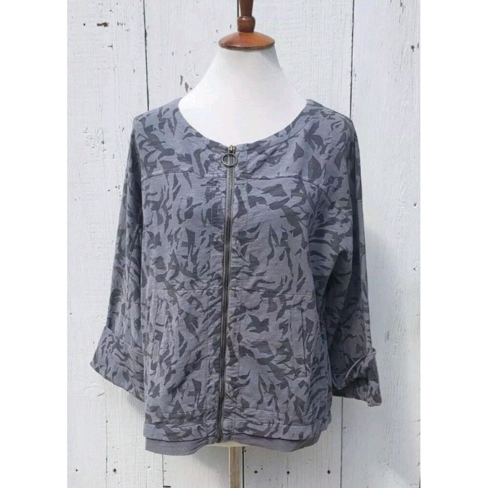 XCVI Women Grey 3/4 Sleeve Oversized Cotton Blend Zip Up Jacket Sz XS